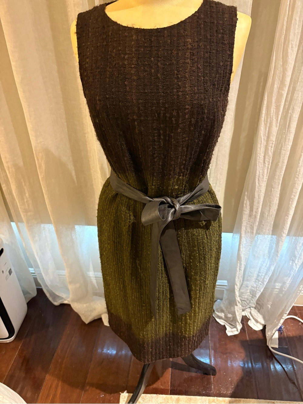 Lafayette 148 NY Two-Tone Dress with Waist Leather Belt- Olive Green/Brown.